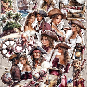 May include: A collection of pirate-themed digital stickers featuring a ship, a treasure chest, a lantern, a monkey, a compass, a sword, a telescope, a map, and several women and men dressed as pirates.