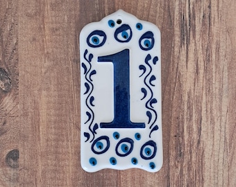 Evil Eye Ceramic House Number: Turkish Tile Door Decor