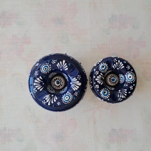 Handmade Ceramic Ashtray with Lid: Evil Eye Pattern, Navy Blue
