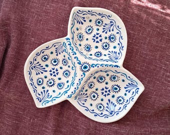 Handmade Ceramic Triple Snack Bowl: Turkish Evil Eye Design