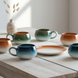 Conjunto de xícara e prato de café expresso em cerâmica artesanal: design rústico esmaltado.