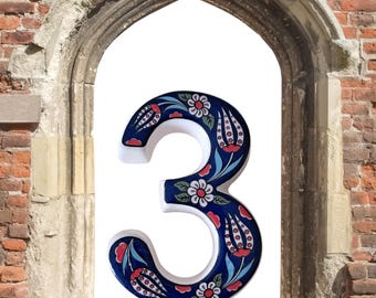 Floral Tile Pattern Ceramic House Number - Navy Blue Door Decor