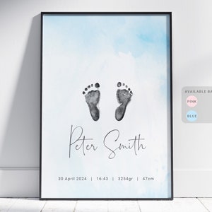 Regalo personalizado para recién nacidos y baby shower con detalles y huellas personalizados, impresión de carteles de guardería, estadísticas de nacimiento, ideal para bebés recién nacidos