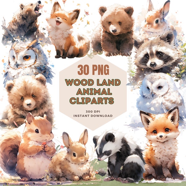 Cute Woodland Animals, 20 PNG, Watercolor Style, Cute Animal Clipart, Cute Deer, Sweet Squirrel,Adorable Fox,Cute Teddy Bear,Realistic style