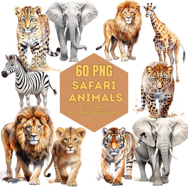 Safari Animal Bundle, Safari Animal Clipart, Majestic Lion Clipart, Watercolor Clipart, Realistic Style, Tiger Clipart, Elephant Clipart