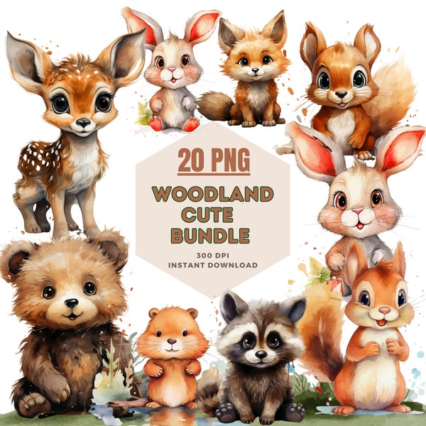 Cute Woodland Animal, 20 PNG, Woodland Animal Clipart, Watercolor Clipart, Cartoon Style, Cute Deer, Sweet Fox, Cute Teddy Bear