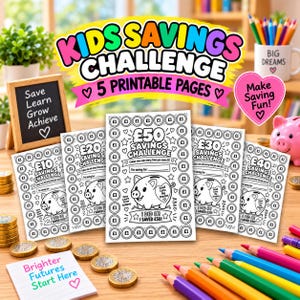 Könnte beinhalten: Ein Set aus fünf druckbaren Spar-Challenge-Blättern für Kinder mit Sparschwein-Illustrationen und Münzumrissen zur Verfolgung von Ersparnissen. Die Seiten enthalten Text für Sparziele von 10, 20, 30, 40 und 50 Pfund, umgeben von Stiften.