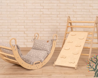 ¡Gimnasio de madera para niños pequeños, arco triangular y rampa con cómoda almohada! Conjunto de juguetes Montessori