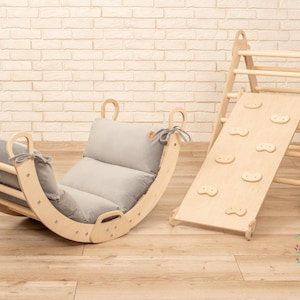 Handmade Natural Wooden Rocker with pillow Gift for Kids Gift for Toddler Montessori Climbing Arch Set with slide-climbing wall and Triangle