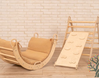 Arco con almohada: Arco de escalada Rocker, Triángulo de escalada, Muro de escalada con tobogán, Muebles para niños pequeños Montessori, Accesorios de escalada Montessori