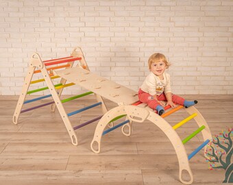 Rainbow Montessori Set Of Three Items, Foldable Triangle + Climbing Arch + Climbing Ladder/Slide, Climbing Triangle, Montessori Furniture