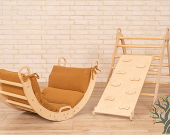 Set of three items Climbing Arch + Rock Ramp + Triangle Montessori Kids Furniture Playroom climbing Furniture Foldable function WoodsCraft®