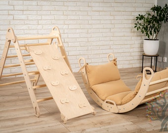 Conjunto de arco de escalada Montessori: cadeira de balanço de madeira, rampa e almofadas de musselina
