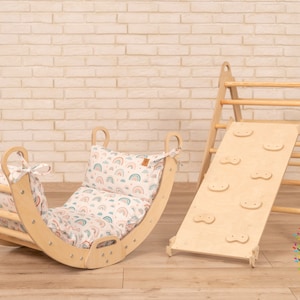 Montessori wooden Climber, Rocker with Pillow, Wippe holz, Kletterbrett, Kletterdreieck, Kletterbogen mit Kissen, Kletterbogen mit rutsche