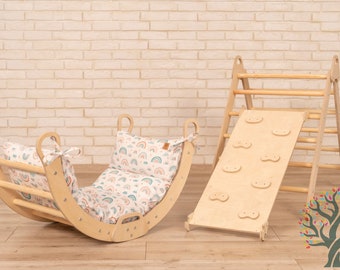 Montessori wooden Climber, Rocker with Pillow, Wippe holz, Kletterbrett, Kletterdreieck, Kletterbogen mit Kissen, Kletterbogen mit rutsche