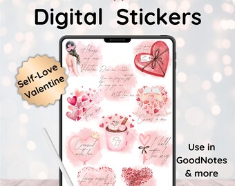 Zelfliefde aquarelstickers: gezellige Valentijnsdagplanner (digitale png-download)