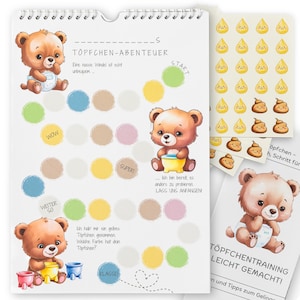 Peut inclure: Un tableau d'apprentissage de la propreté avec une reliure à spirale, présentant une illustration d'ours de dessin animé. Le tableau comprend des cercles colorés, des autocollants et du texte en allemand.