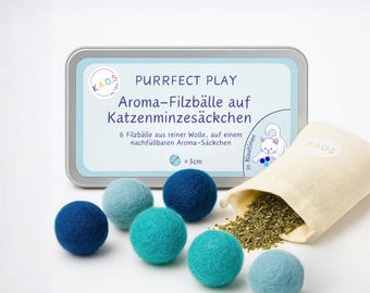 Kattenkruid wolvilt speelgoedset – blauwe kattenspeelballen, set van 6