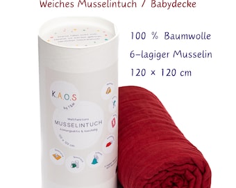 Rode mousseline babydeken 120 x 120 cm, 6-laags katoenen swaddle, pasgeboren cadeau, rode geboortehanddoek, Rotes Handtuch zur Geburt