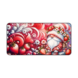May include: A red and white gnome with a white beard and a red hat decorated with strawberries and white flowers. The gnome is standing in front of a red and white floral background with strawberries.