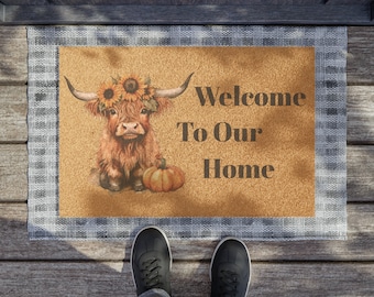 Welcome To Our Home Sunflower Pumpkin Highland Cow Fall Doormat