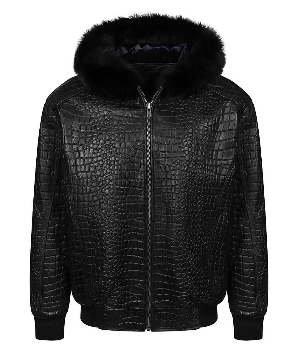 Men's Real Leather Jacket Crocodile Embossed Jacket Fur Hood Biker Black Jacket Personalized