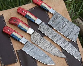 Handmade Kitchen knife Set, Damascus Chef Set Flag Handle with Leather Roll Kit, Kitchen Chef knives, Anniversary & Birthday gift USA