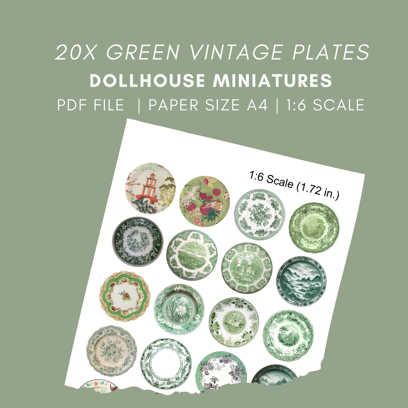 20x Green Vintage Plates Dollhouse Printable DIGITAL DOWNLOAD ...
