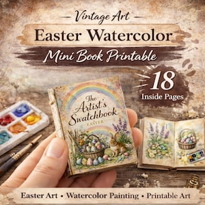 以下が含まれることがあります： 「The Artist's Swatchbook Easter」というタイトルのミニチュア本。イースターエッグとウサギの水彩画が描かれています。本は開かれており、18ページの内側が見えます。水彩パレットとブラシも含まれています。「Vintage Art - Easter Watercolor Mini Book Printable」と書かれています。
