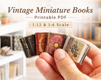 Książka w stylu vintage w miniaturze do druku: Dekoracja minibiblioteki w formacie PDF z książkami o domkach dla lalek (pobieranie cyfrowe)