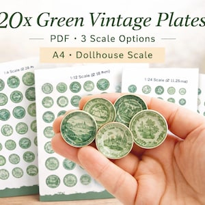 Green Vintage Miniature Plates Printable : Dollhouse Miniatures (PDF Digital Download)