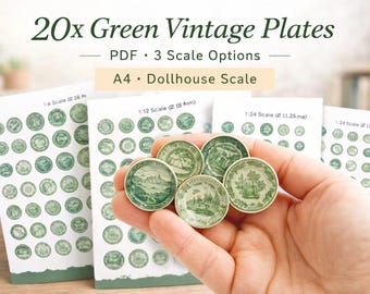 Green Vintage Miniature Plates Printable : Dollhouse Miniatures (PDF Digital Download)