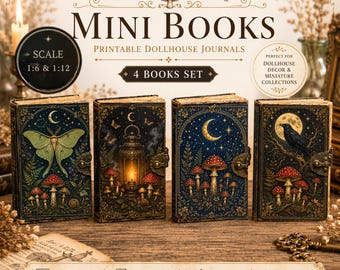 May include: Four miniature vintage gothic books with detailed illustrations of a moth, lantern, crescent moon, and raven. The books are labeled "Mini Books" and "Printable Dollhouse Journals". The set includes multiple scales and high resolution.