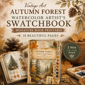 以下が含まれることがあります： 「Autumn Forest Watercolor Artist's Swatchbook」と題された印刷可能なミニチュアスケッチブック。1:6および1:12スケールの水彩画の習作、フィールドノート、カラー見本が18ページ含まれており、松ぼっくりや葉で装飾されています。