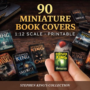 May include: A selection of 90 miniature book covers, featuring Stephen King titles, in 1:12 scale. The covers display various book titles with vibrant colours and imagery, including "The Shining" and "Carrie". The text "Stephen King's Collection" is also visible.