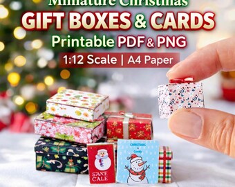 Biglietto di auguri stampabile con scatole regalo di Natale in miniatura - Decorazioni natalizie per case delle bambole (download PDF)