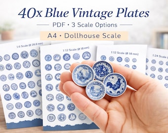 Blue Vintage Miniature Plates Printable : Dollhouse Plate PDF (Digital Download)