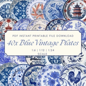 40x Blue Vintage Decorative Plates Dollhouse Printable DIGITAL DOWNLOAD , Dollhouse Decorating, Decorative Miniatures, DIY, Miniatur Set