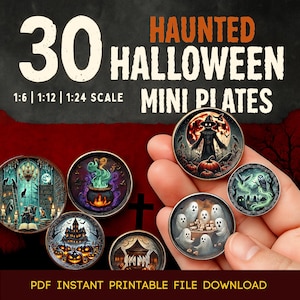 30 Spooky Halloween Mini Plates Printable File Download - Dollhouse Decor, Digitable Download, Witchy Mini Plates, DIYED, digital-craftful