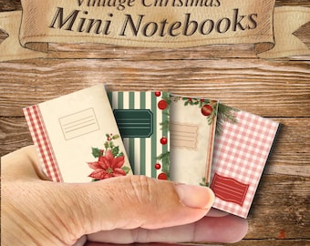 May include: Four miniature vintage Christmas notebooks with festive designs. The notebooks feature a red and white gingham pattern, a poinsettia, and striped and decorated covers. The banner reads "Vintage Christmas Mini Notebooks".