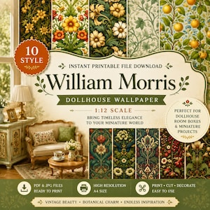 Papel de Parede em Miniatura William Morris para Imprimir: Decoração para Casa de Bonecas (Download Digital)