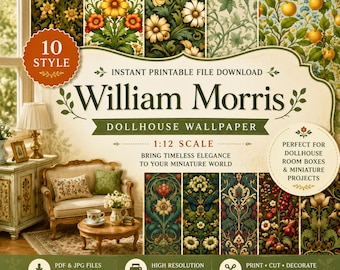 Papel pintado en miniatura de William Morris para imprimir: Decoración para casas de muñecas (Descarga digital)