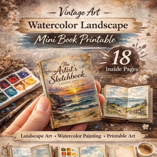 Vintage Watercolor Landscape Mini Book Printable: Dollhouse Art (PDF Download)