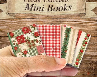 May include: A hand holding a collection of miniature Christmas-themed books. The books feature festive patterns like plaid, poinsettias, and garland. The banner above reads "Classic Christmas Mini Books."