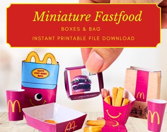 Embalagem em miniatura para impressão, caixa de fast food, mini caixas, download digital instantâneo, DIYED, digital-craftful, marcas de comida para casa de bonecas