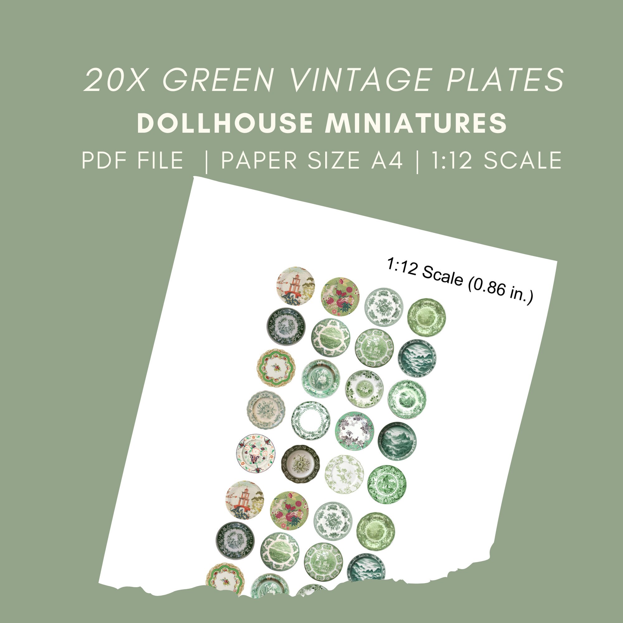 20x Green Vintage Plates Dollhouse Printable DIGITAL DOWNLOAD ...