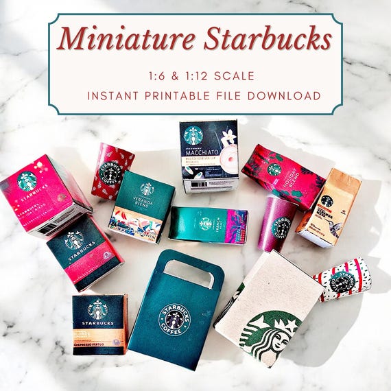 Miniature Starbucks Coffee Printable packages boxes Set, Instant digitable downloaded, DIYED, Printable PDF, tini miniatur, digital-craftful