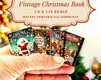 May include: Three miniature vintage Christmas carol books in 1:6 and 1:12 scale. The books feature festive illustrations of Santa Claus, carolers, and a church. The books are printed with the text "Vintage Christmas Carols" and "Vintage Christmas Rols".