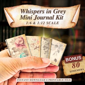 Miniature Junk Journal Kit Printable | Whispers Wildflower Vintage in Grey Floral Book, Mini Junk Journal Kit Scrapbook Backing Ephemera