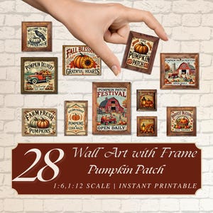 Puede incluir: Una colección de 28 impresiones artísticas enmarcadas con el tema del campo de calabazas. Las impresiones presentan varias ilustraciones con temas otoñales, incluyendo calabazas, graneros y escenas de cosecha. El texto en las impresiones incluye "Pumpkin Patch Festival".